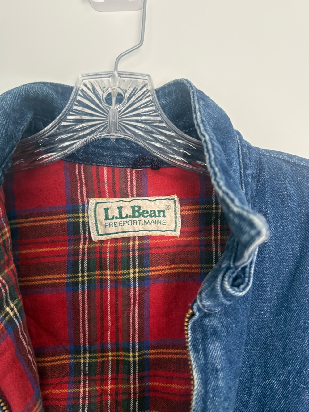 Vintage L.L. Bean Jean Denim Bomber Jacket Cotton Red Flannel Lining Size Small - Picture 5 of 16